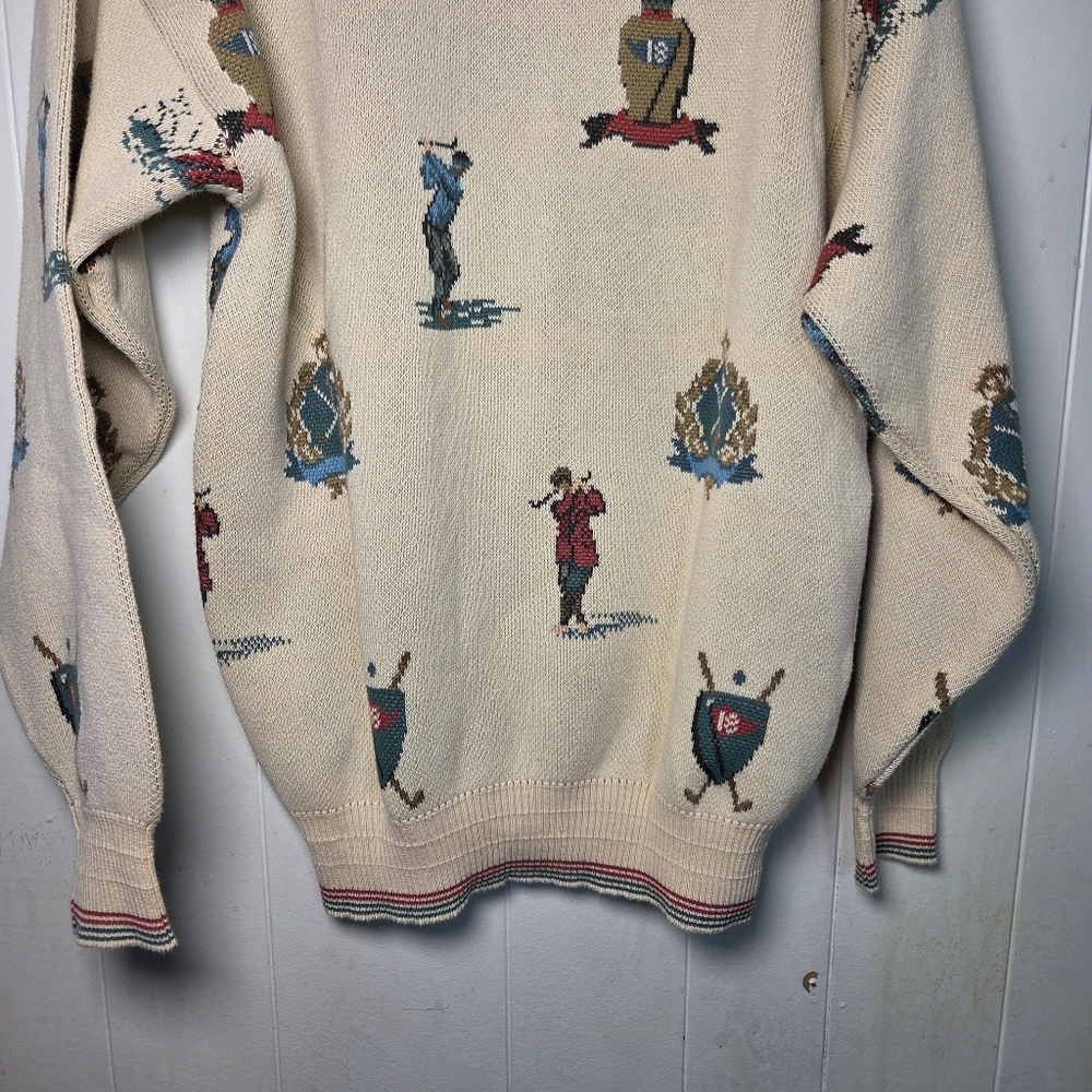 Vtg Neiman Marcus Cotton Golf Print Sweater Size Large Union Made Made In USA - Picture 9 of 16